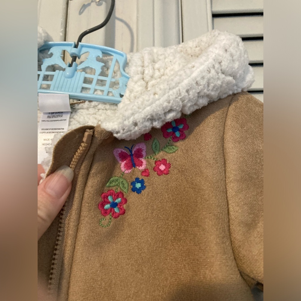 🌵 Little Me Girls Tan Suede Jacket Coat Floral Fleece Hoodie Zipper 18M Warm - Picture 10 of 12
